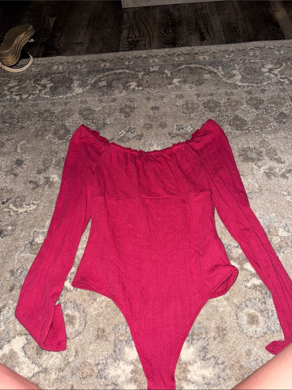 Celebrity Pink Red Off-the-Shoulder Ribbed Long-Sleeve Bodysuit